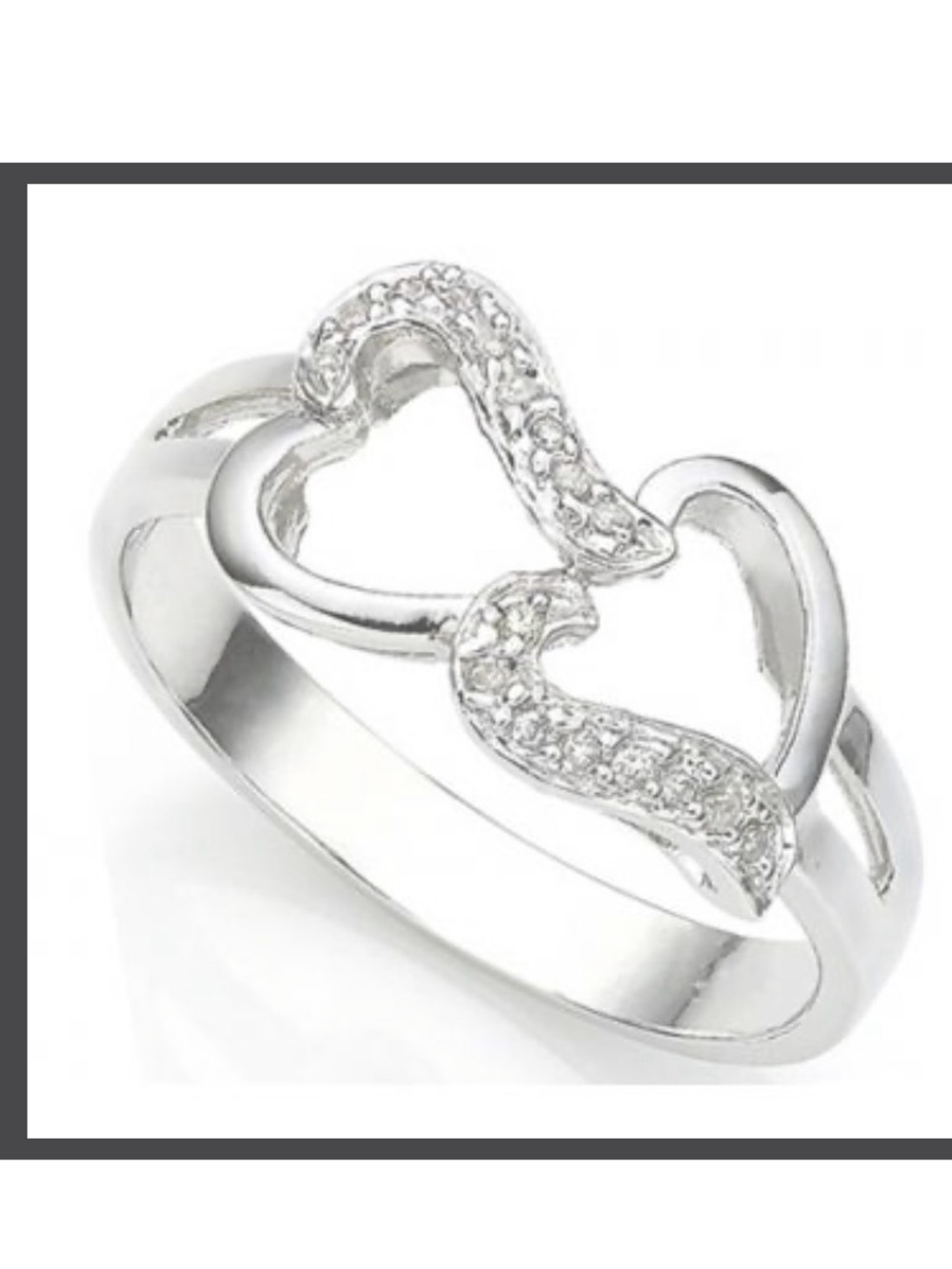 Size 7 Linked Heart Ring, Sterling Silver, 14K White Gold Plated, 17 Diamonds